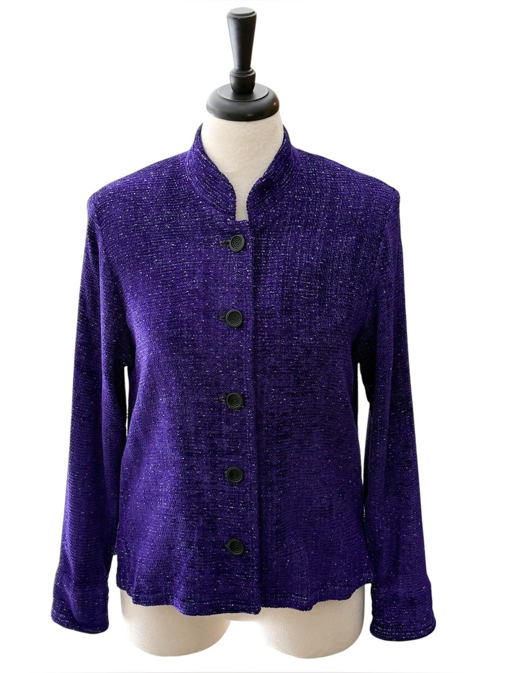 Lynn Yarrington Purple Green Chenille Mandarin Collar Button Up Short Jacket M
